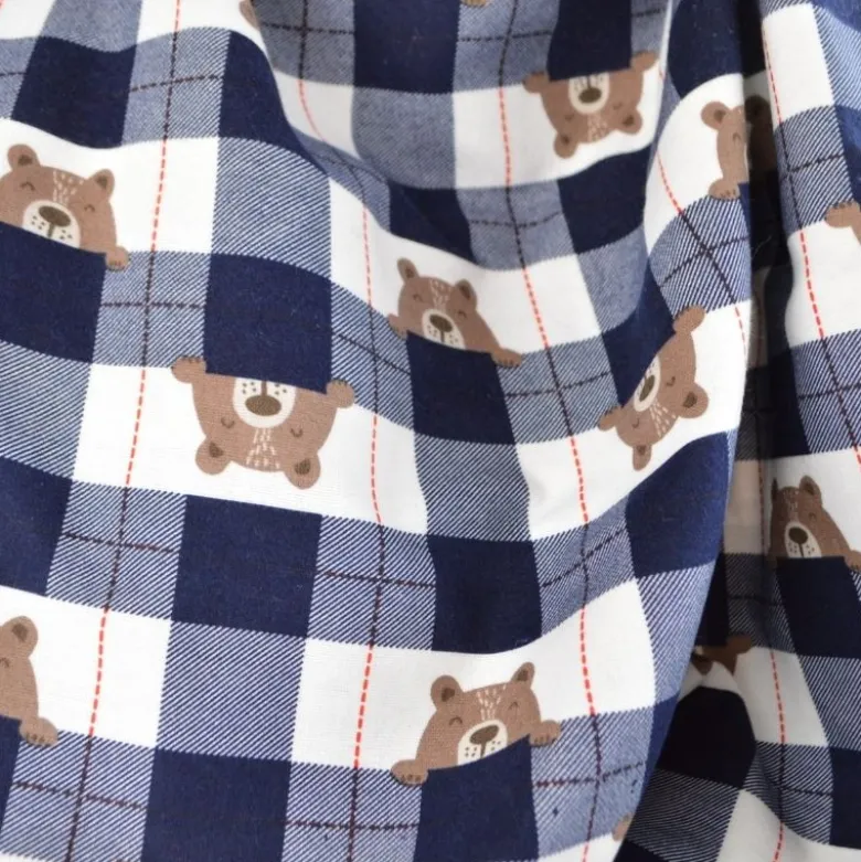 Flanelle motif Vichy grands carreaux marine motif tête d'ours