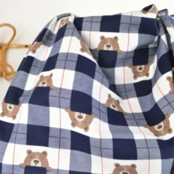 Flanelle motif Vichy grands carreaux marine motif tête d'ours