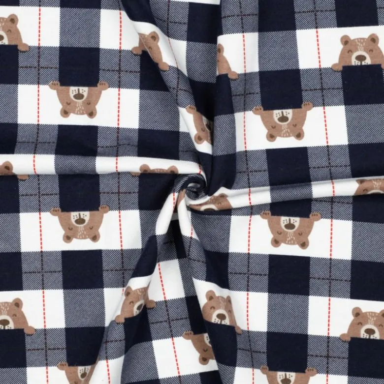 Flanelle motif Vichy grands carreaux marine motif tête d'ours