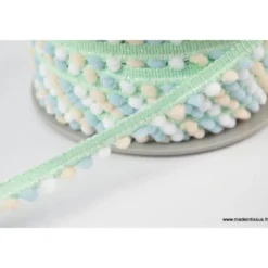 Galon LurexMenthe PETITS POMPONS Bleu, blanc et écru