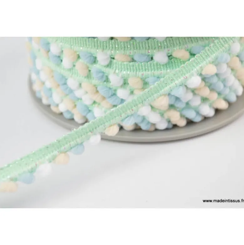 Galon LurexMenthe PETITS POMPONS Bleu, blanc et écru