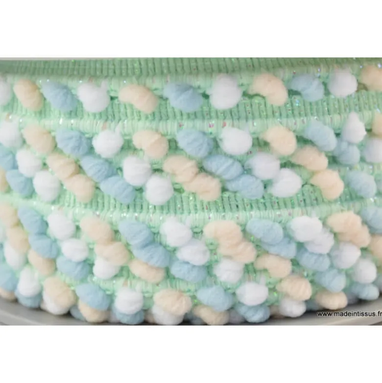 Galon LurexMenthe PETITS POMPONS Bleu, blanc et écru