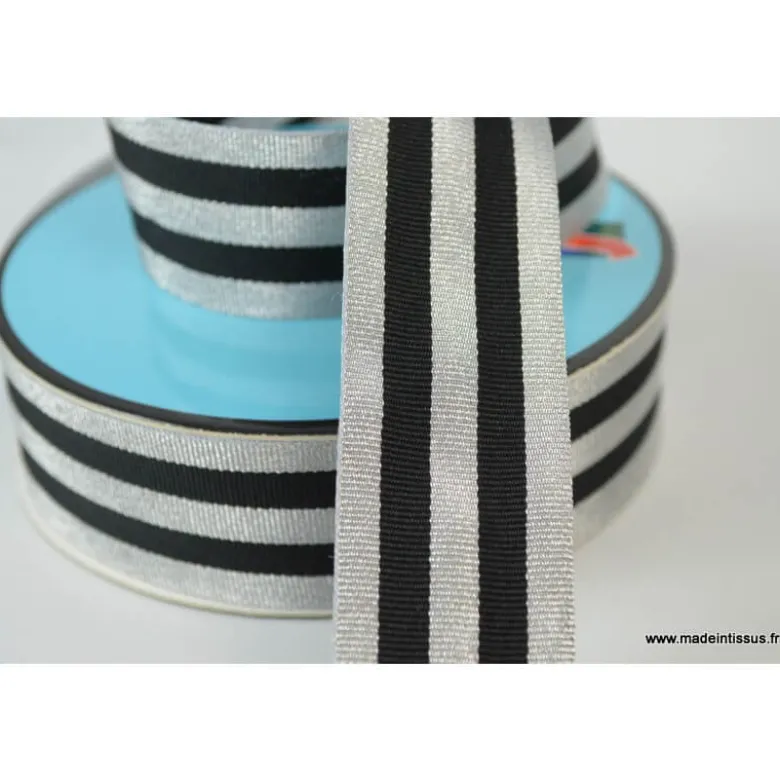 Galon Rayures Lurex Argent et Noir 30 mm