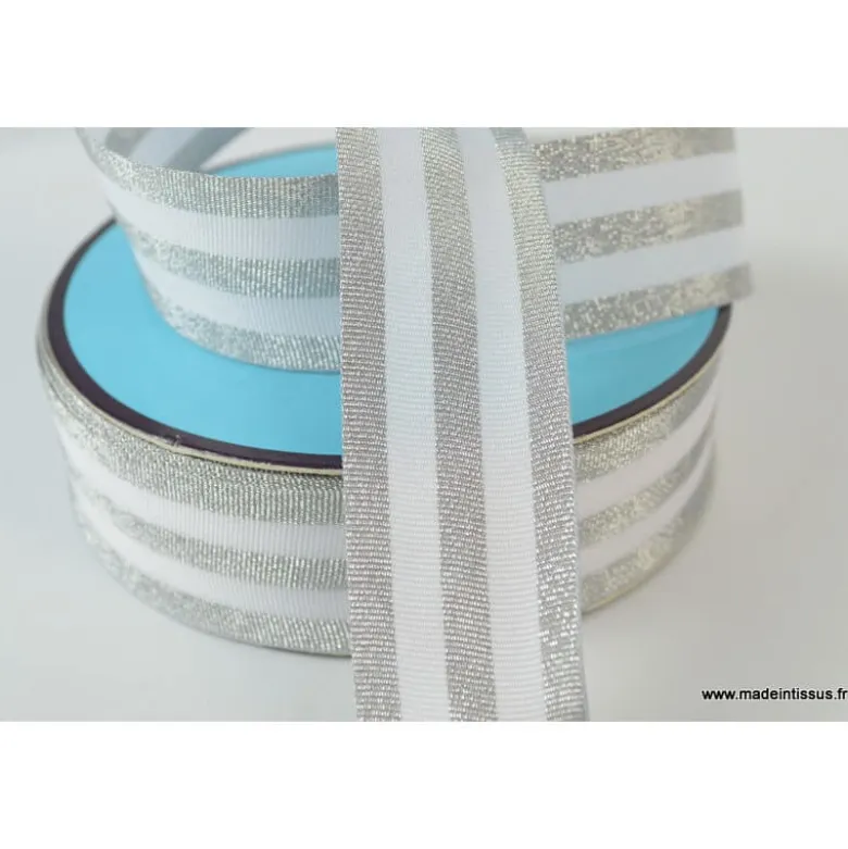 Galon Rayures Lurex Argent et blanc 30 mm