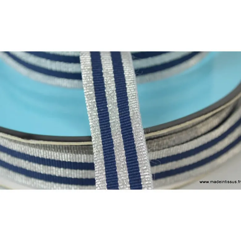 Galon Rayures Lurex Argent et Marine 15 mm