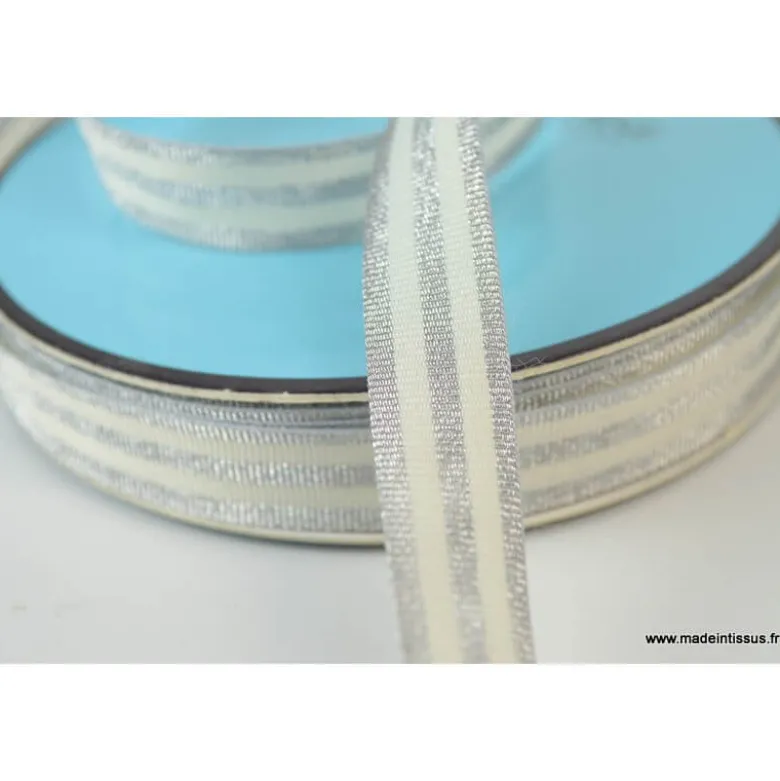 Galon Rayures Lurex Argent et Ecru 15 mm