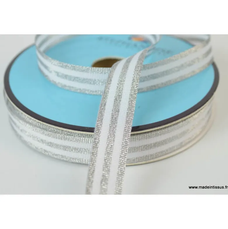 Galon Rayures Lurex Argent et blanc 15 mm