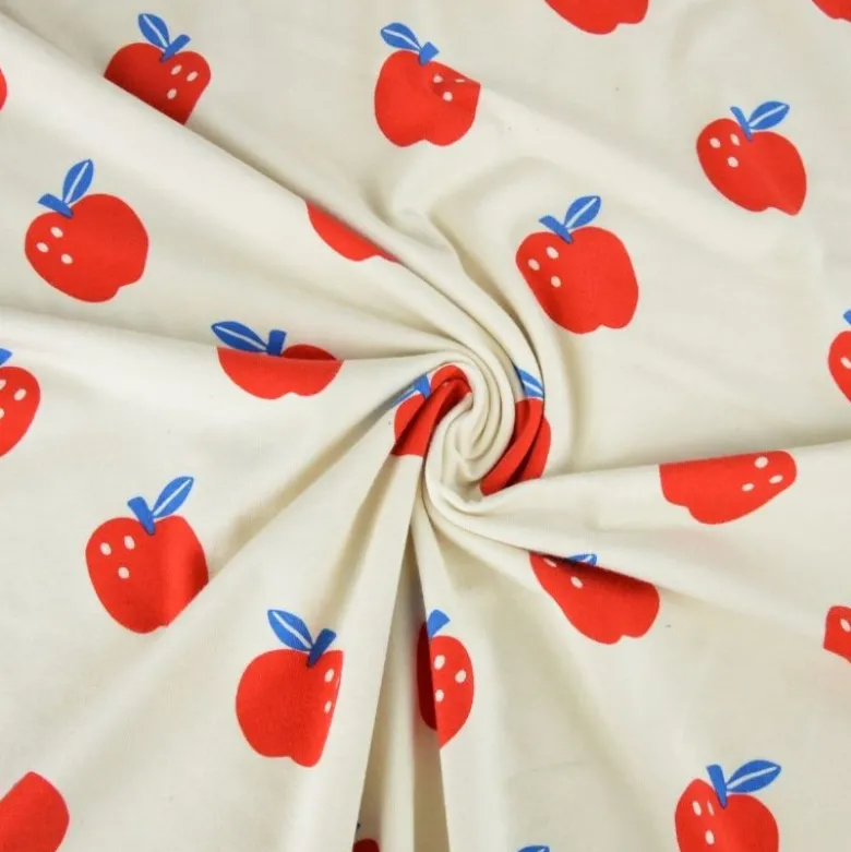 Jersey de coton biologique motif pommes fond naturel – Poppy Fabrics - OEKO TEX