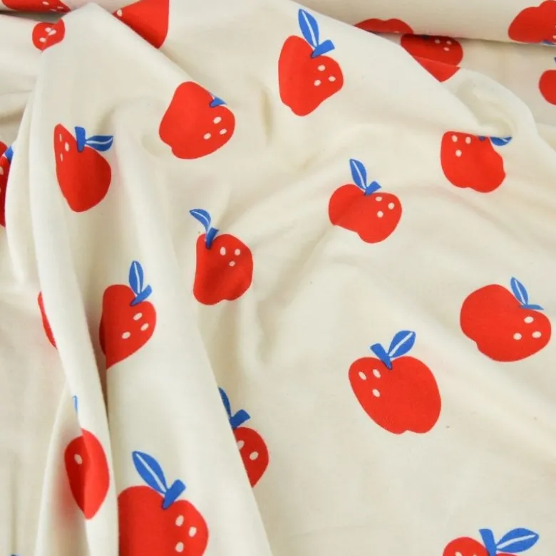 Jersey de coton biologique motif pommes fond naturel – Poppy Fabrics - OEKO TEX