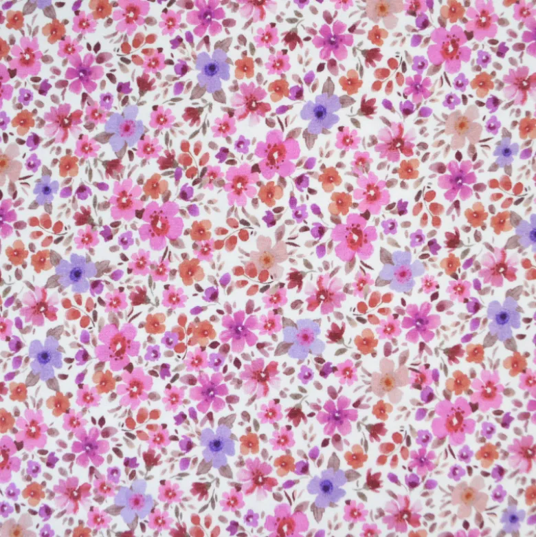 Jersey fleurs fuchsia et parme fond blanc cassé – Poppy Fabrics - OEKO TEX