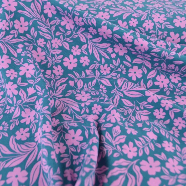 Jersey fleurs roses fond pétrole – Poppy Fabrics - OEKO TEX