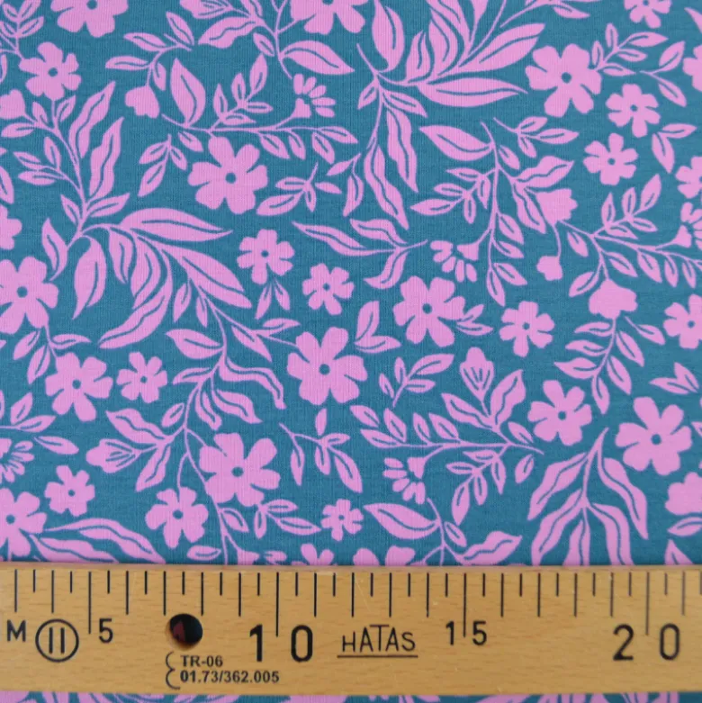 Jersey fleurs roses fond pétrole – Poppy Fabrics - OEKO TEX
