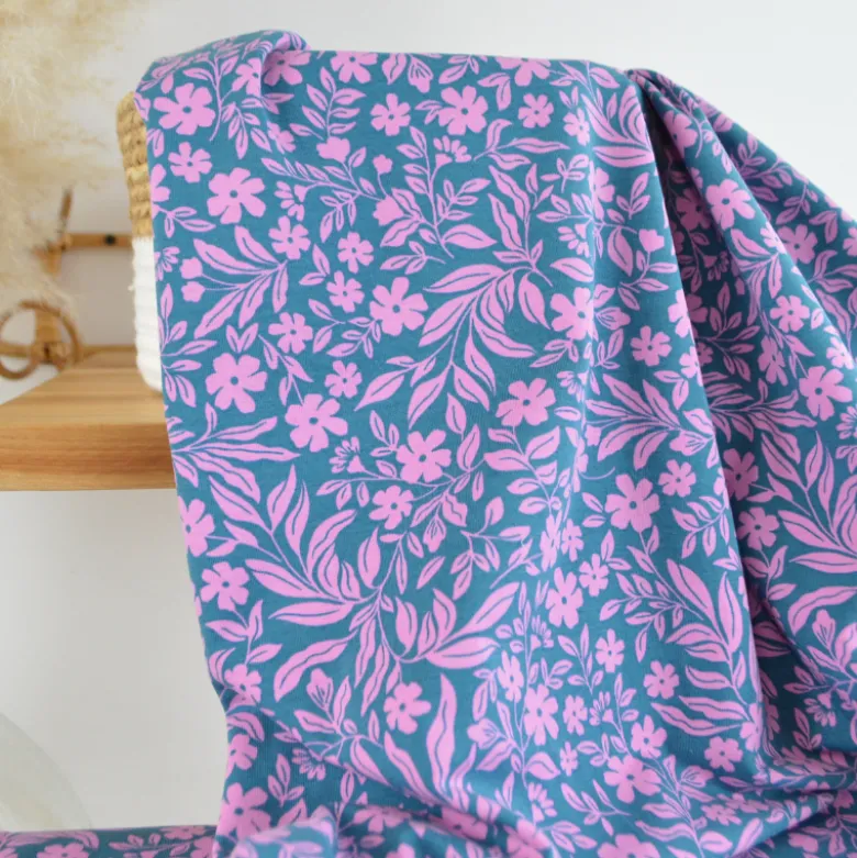 Jersey fleurs roses fond pétrole – Poppy Fabrics - OEKO TEX