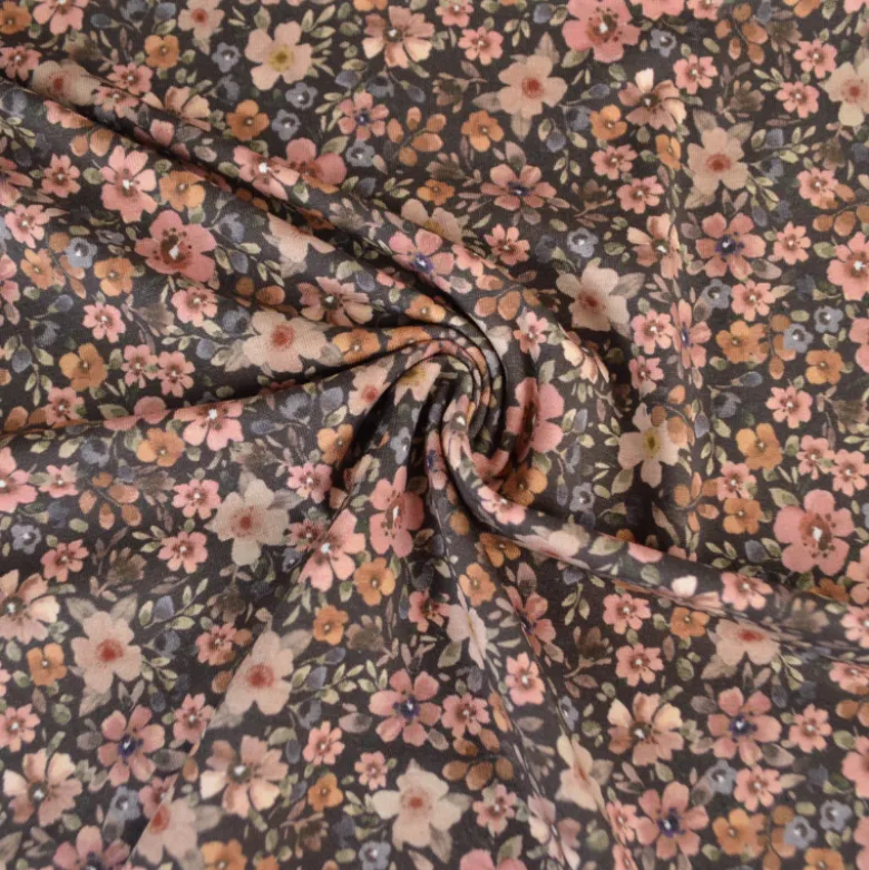 Jersey fleurs vieux rose et beige fond marron – Poppy Fabrics - OEKO TEX