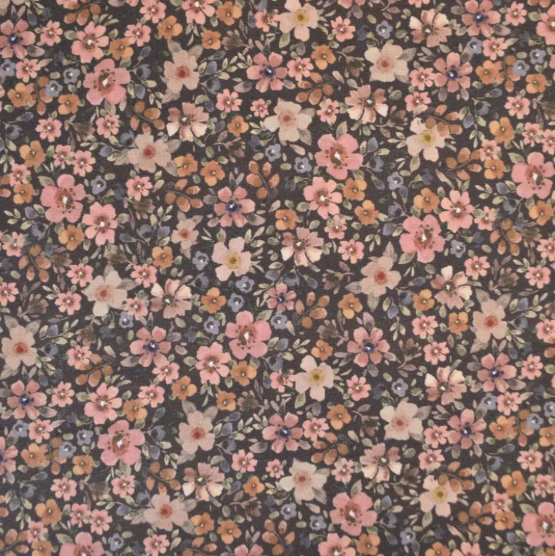Jersey fleurs vieux rose et beige fond marron – Poppy Fabrics - OEKO TEX