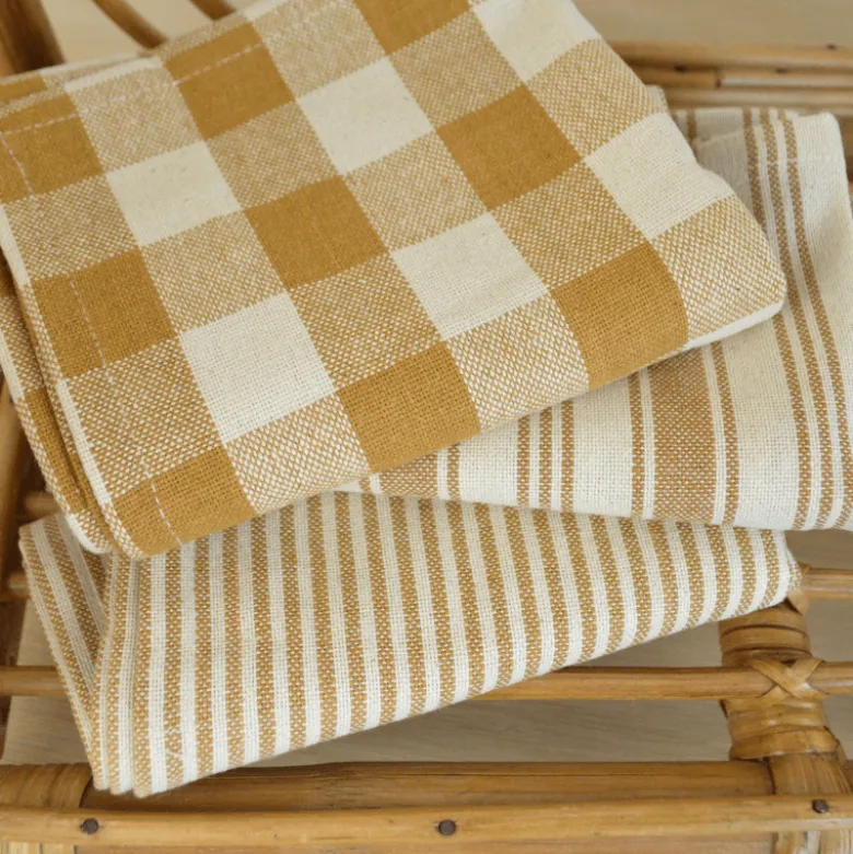 Lot de 3 torchons de cuisine Vichy et rayures Peanut & naturel