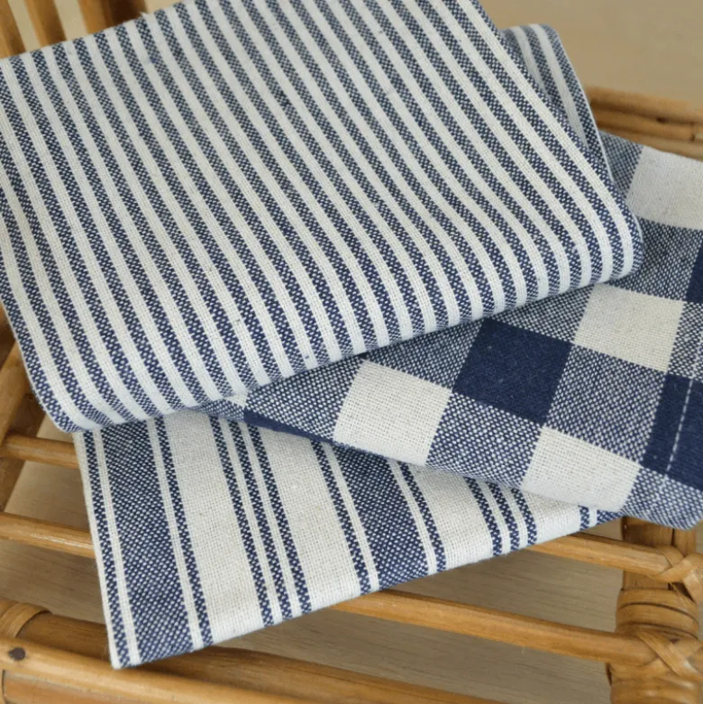 Lot de 3 torchons de cuisine Vichy et rayures Indigo & naturel