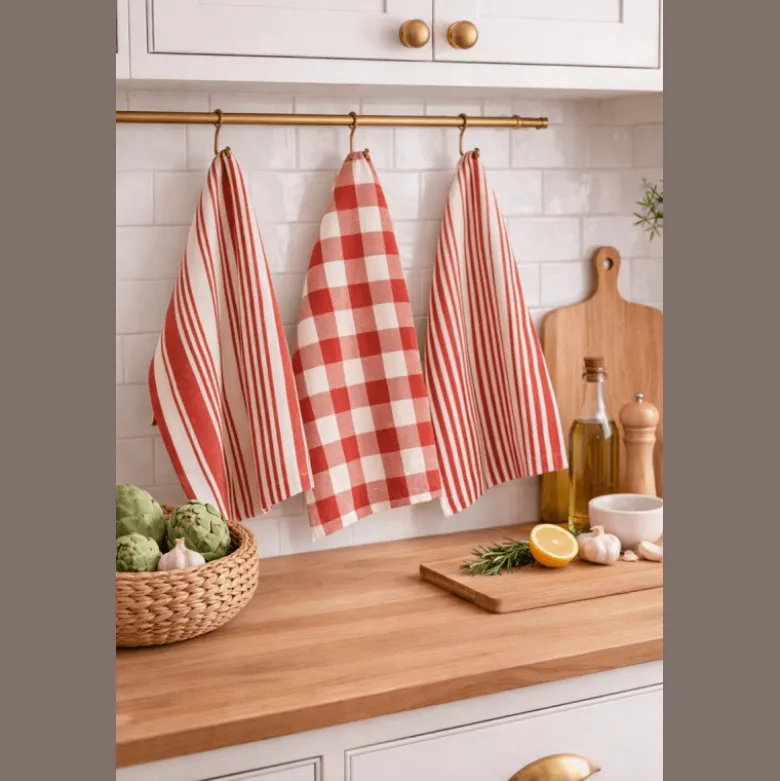 Lot de 3 torchons de cuisine Vichy et rayures rouge & naturel