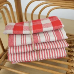 Lot de 3 torchons de cuisine Vichy et rayures rouge & naturel