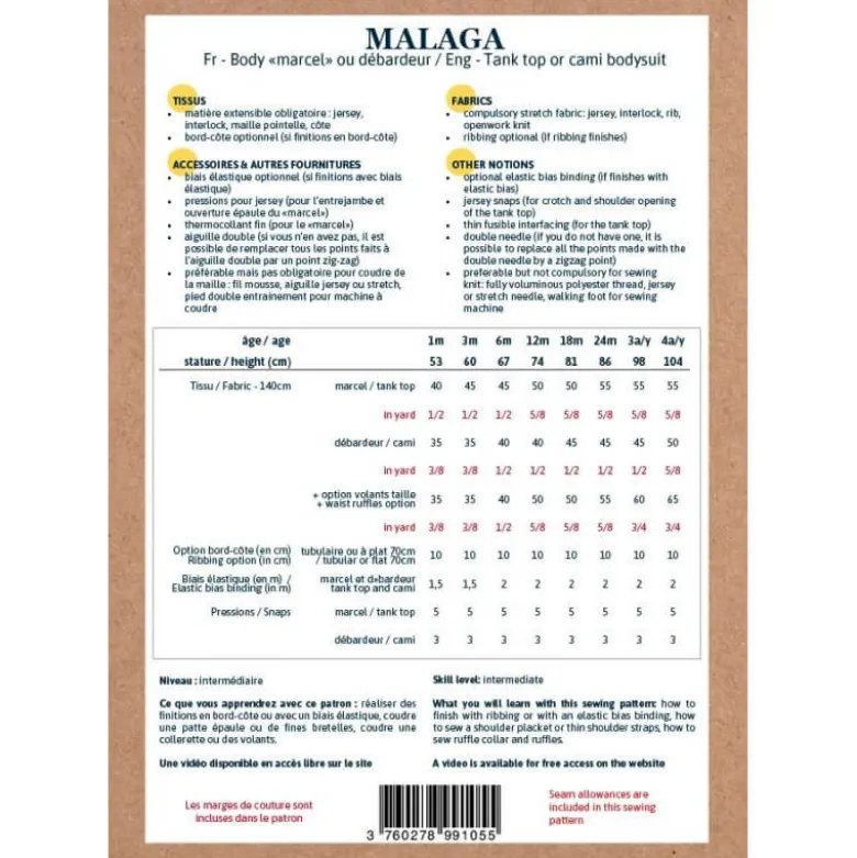 Patron Body Malaga by Ikatee pour bébé du 1 mois au 4 ans