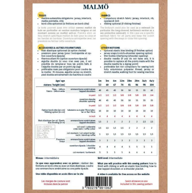 Patron Body Malmö by Ikatee pour bébé du 1 mois au 4 ans