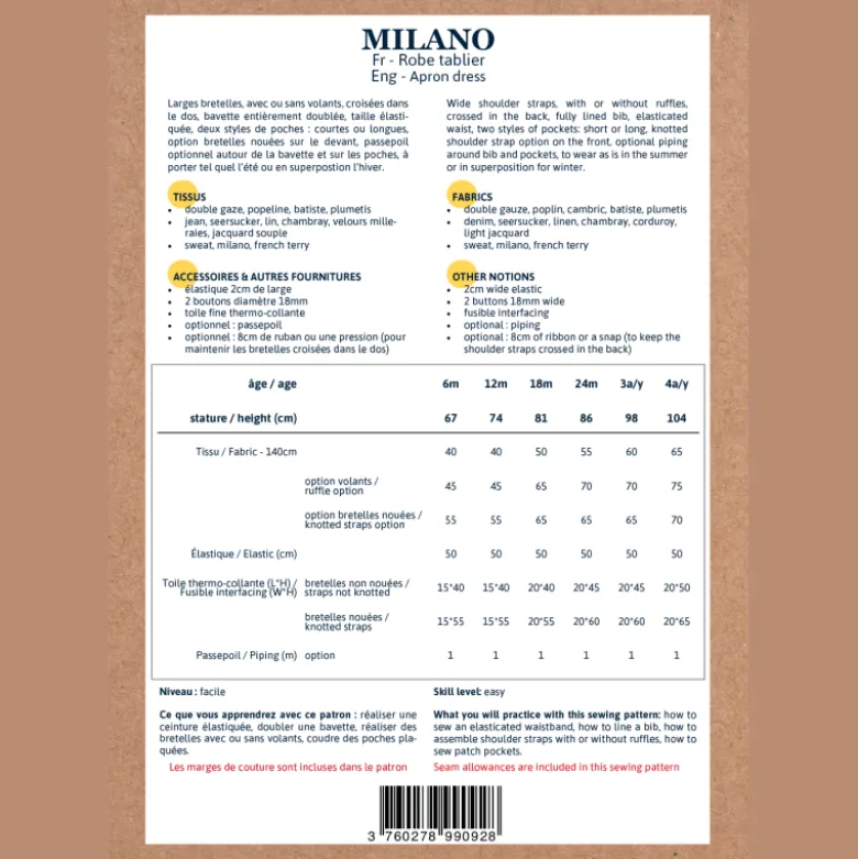 Patron Robe Tablier Milano by Ikatee pour bébé du 6 mois au 4 ans