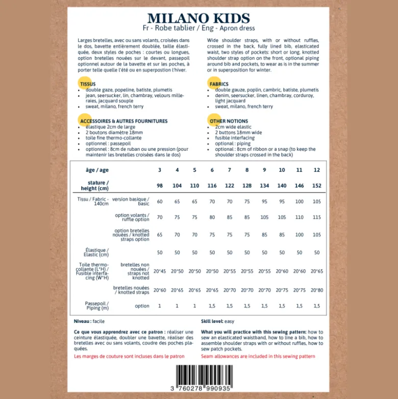 Patron Robe Tablier Milano by Ikatee pour enfants du 3 au 12 ans