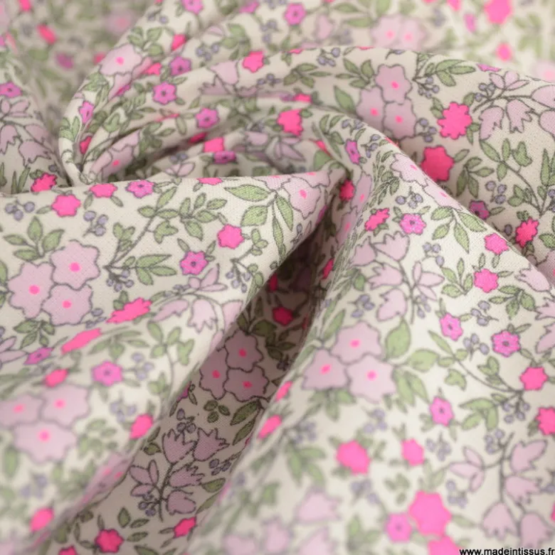 Popeline Bio & OEKO TEX motifs fleurs rose fluo