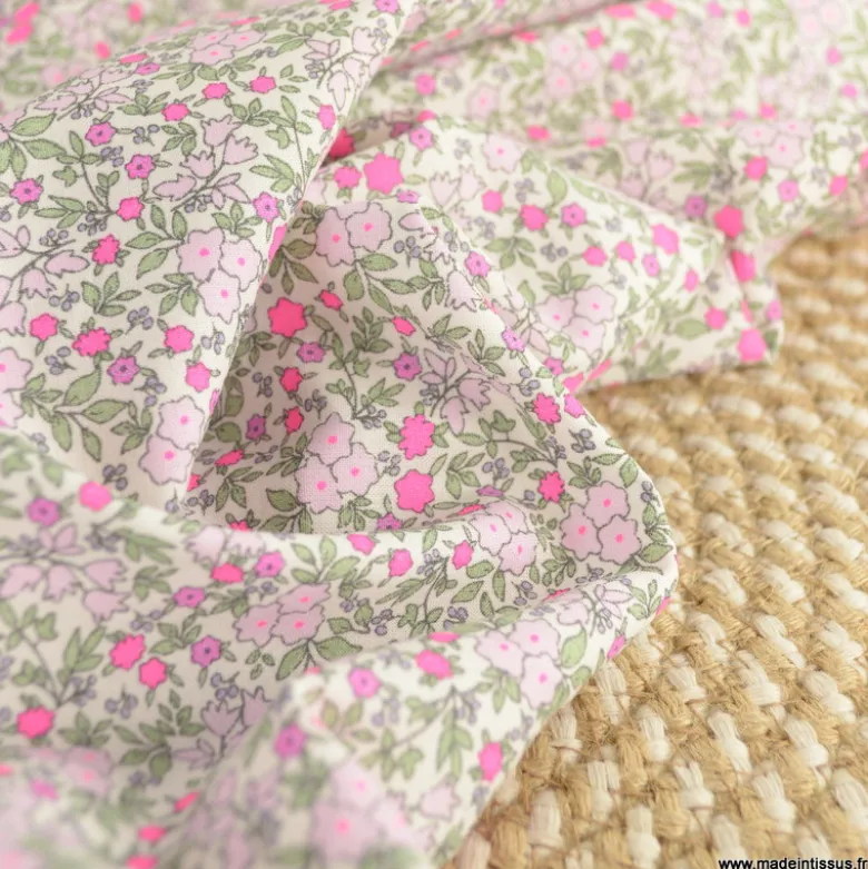 Popeline Bio & OEKO TEX motifs fleurs rose fluo