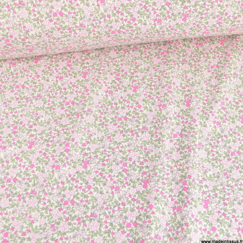 Popeline Bio & OEKO TEX motifs fleurs rose fluo