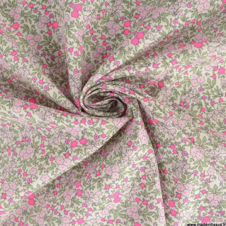 Popeline Bio & OEKO TEX motifs fleurs rose fluo
