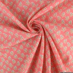 Popeline Bio & OEKO TEX motifs fleurs block print fond rose