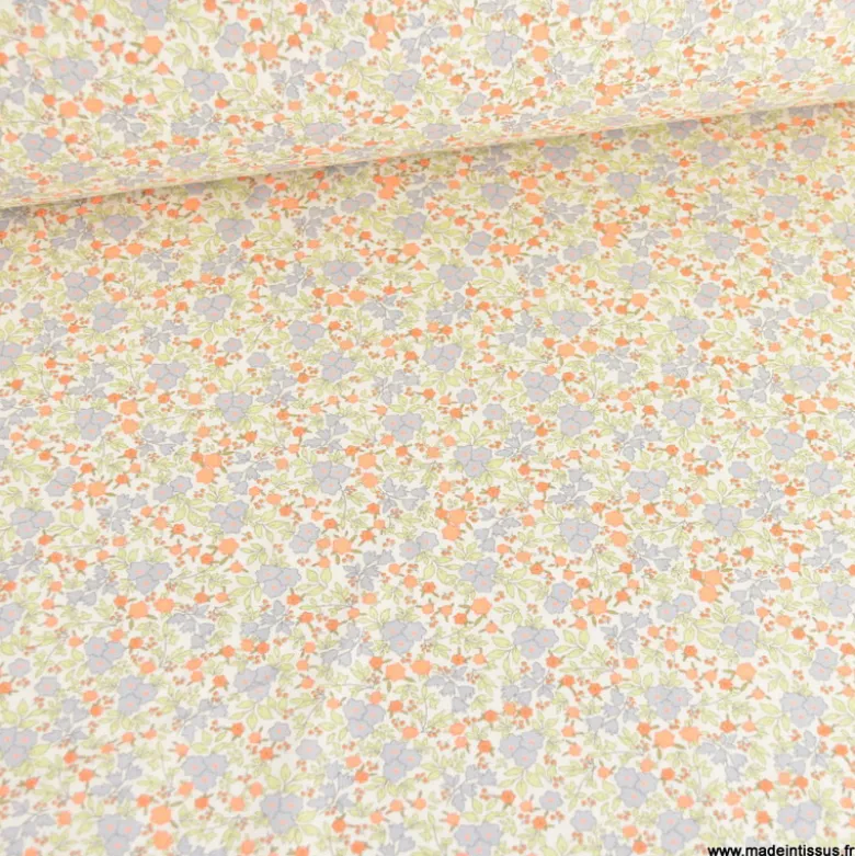 Popeline Bio & OEKO TEX motifs fleurs orange fluo