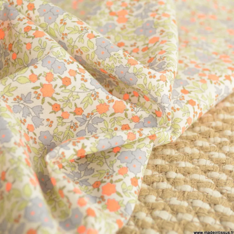 Popeline Bio & OEKO TEX motifs fleurs orange fluo