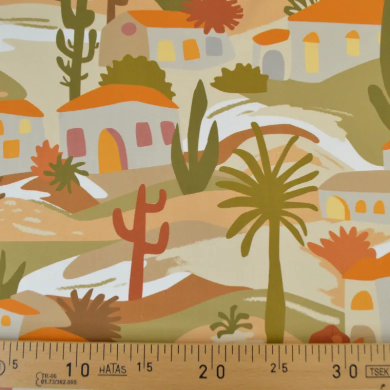 Popeline de viscose motif méditerranéen – terracotta, ocre et vert