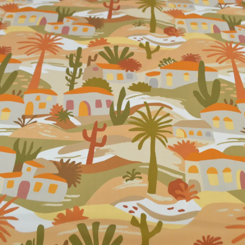 Popeline de viscose motif méditerranéen – terracotta, ocre et vert