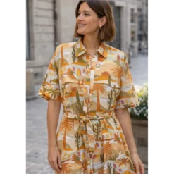 Popeline de viscose motif méditerranéen – terracotta, ocre et vert