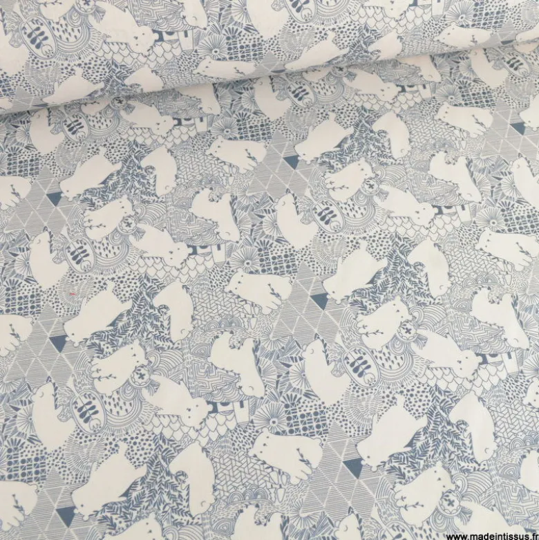 Popeline Grizzly motif ours fond Blanc - OEKO TEX