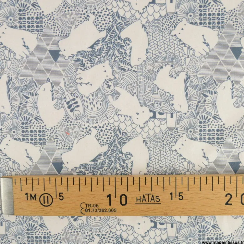 Popeline Grizzly motif ours fond Blanc - OEKO TEX