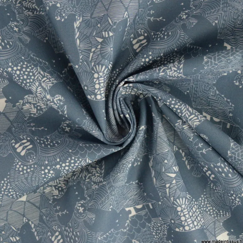 Popeline Grizzly motif ours fond bleu - OEKO TEX