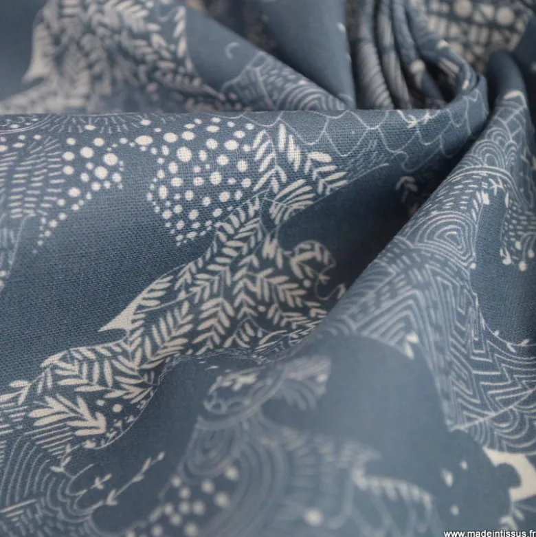Popeline Grizzly motif ours fond bleu - OEKO TEX