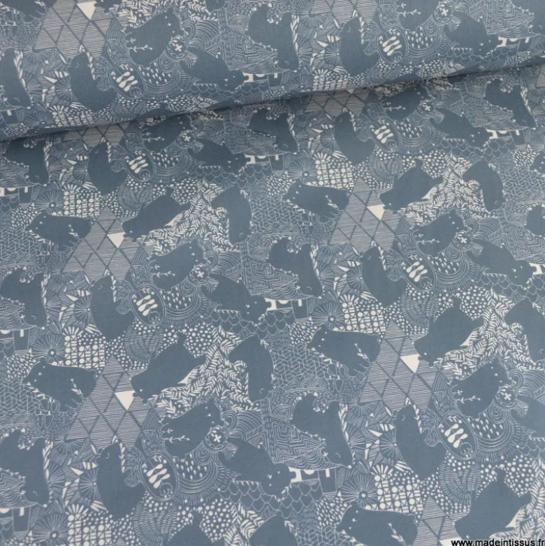 Popeline Grizzly motif ours fond bleu - OEKO TEX
