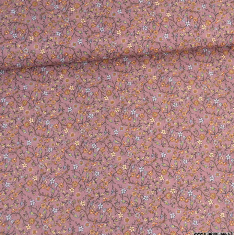Popeline Lison style Liberty à motifs fleurs vieux rose - OEKO TEX