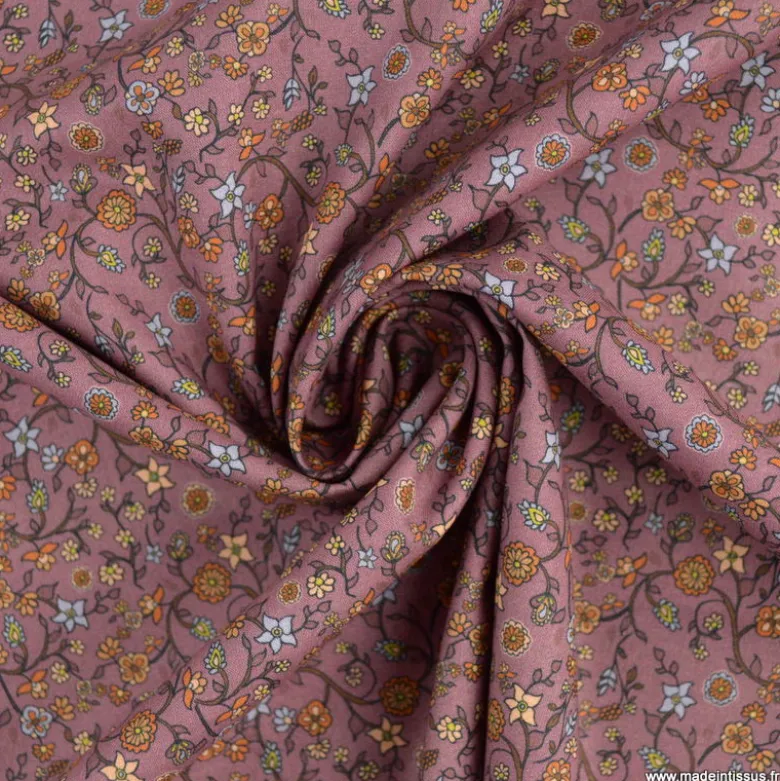 Popeline Lison style Liberty à motifs fleurs vieux rose - OEKO TEX