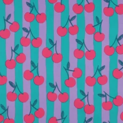 Popeline Poppy à rayures parme et pétrole motif cerises rouges