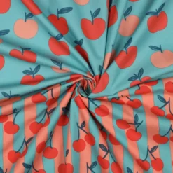 Popeline Poppy à rayures roses et pétrole clair motif cerises rouges
