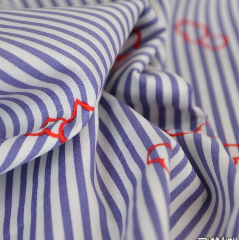 Popeline stretch à rayures motif coeurs