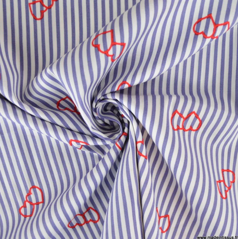 Popeline stretch à rayures motif coeurs