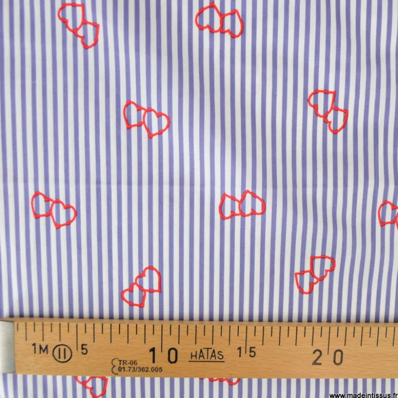Popeline stretch à rayures motif coeurs