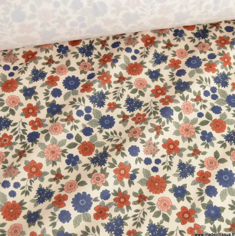 Pul contact alimentaire Marion motifs fleurs bleues et terracotta fond écru - motif exclusif